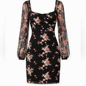 Lulus Black Floral Embroidered Mesh Mini Dress, Long Sleeve, Size L